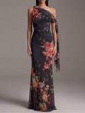 Black One-Shoulder Printed Pleated Chiffon Maxi Dress