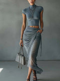 Jasmine | Ensemble Top Court et Jupe Drapée en Mesh Transparent
