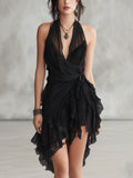 Mini Robe Noire Col Halter en Dentelle À Volants