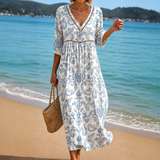 Soft Midi Dress with Classic Blue Pattern