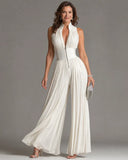 White Sleeveless Chiffon Jumpsuit with V-Neck, Zip Fastening and Pleated Wide-Leg Trousers