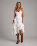 Retro Boho Corset Tiered Midi Dress With Lace-Trim