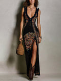 Bohemian-Style Printed Dress with Deep V-Neck and High Slit