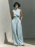 Women's minimalist set in cotton and linen with sleeveless blouse and wide-leg pants