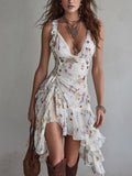 Mini Robe Blanche Florale Rétro Col V À Bretelles Fines