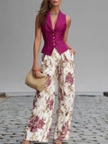 Maya | Ensemble Gilet Sans Manches en Mélange Spandex et Pantalon Large à Imprimé Floral