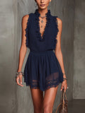 Navy Blue Pleated Chiffon Jumpsuit with Lace Details and Frill Trim