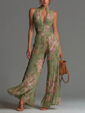 Green Floral V-neck Sleeveless Zip-up Pleated Wide-leg Chiffon Jumpsuit