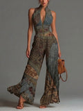 Bohemian Ethnic Print Sleeveless Zipper Pleated Wide-leg Chiffon Jumpsuit