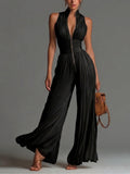 Black V-neck Sleeveless Zip-up Pleated Wide-leg Chiffon Jumpsuit