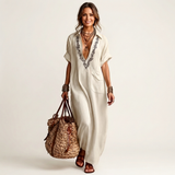 PETRA | EMBROIDERED V-NECK COLLAR LINEN MAXI DRESS