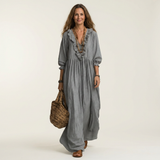 PALOMA | RUFFLE V-NECK STRIPED LANTERN-SLEEVE MAXI DRESS