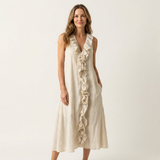 VIOLETTE | RUFFLE-FRONT V-NECK SLEEVELESS LINEN MAXI DRESS