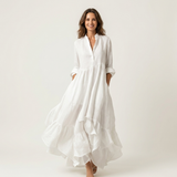 ADRIANNA | STAND-COLLAR BUTTON-FRONT RUFFLE HEM MAXI DRESS