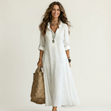ODALYS | COTTON-LINEN MAXI DRESS WITH TONAL FLORAL EMBROIDERY