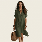 FLORENTINE | COTTON-LINEN MIDI SHIRT DRESS WITH ROLLED CUFFS